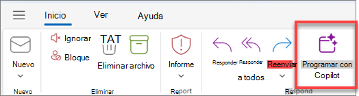 Muestra la barra de herramientas de Outlook con el botón "Programar con Copilot" resaltado.