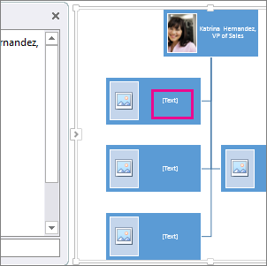 Organigrama con imágenes de SmartArt con un cuadro en el organigrama resaltado para mostrarle dónde se puede escribir texto
