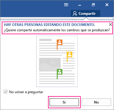 Se muestra el aviso Hay otras personas editando este documento del comando Compartir