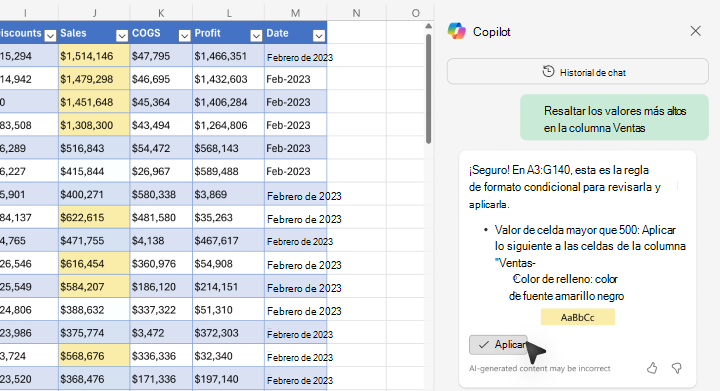 Captura de pantalla que muestra cómo resaltar valores con Copilot en Excel.