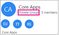 Tarjeta de grupo de ejemplo con "Private Group" resaltado