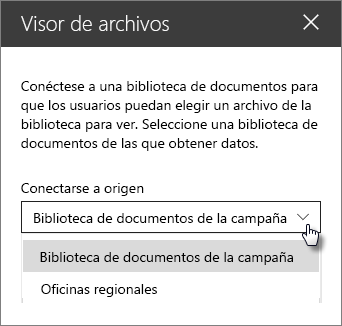Panel de propiedades del visor de archivos con la lista desplegable Conectar a origen
