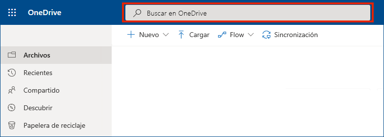 OneDrive para la empresa en línea con la barra de búsqueda en la parte superior