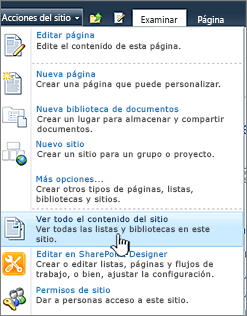 Ver todo el contenido del sitio en el menú Acciones del sitio