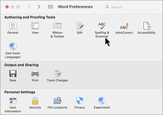 Cuadro de diálogo Preferencias de Mac con ortografía seleccionada