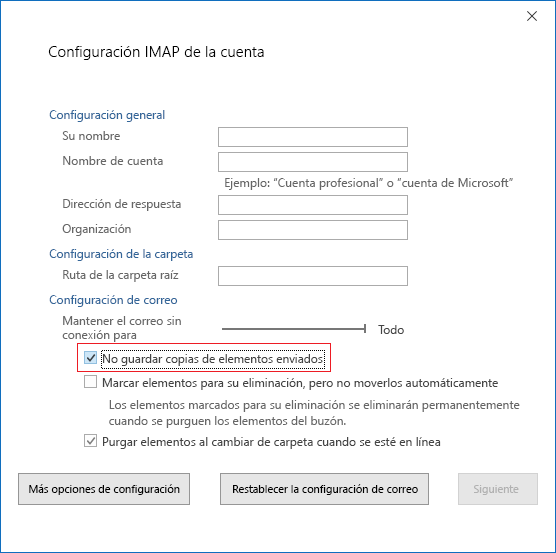 Configuración de la cuenta IMAP, no guardar copias de elementos enviados
