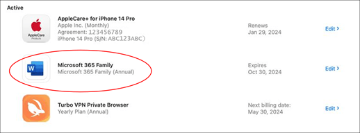 Captura de pantalla de las suscripciones activas que puedes administrar, con Microsoft 365 Familia círculos rojos.