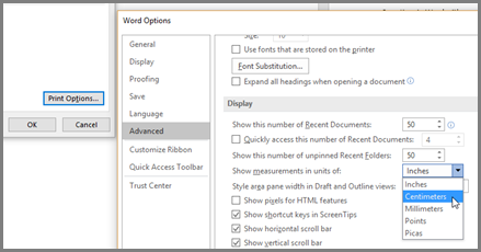 En Word Opciones, haga clic en Avanzadas, desplácese hasta Mostrar para ver la opción "Mostrar medidas en unidades de"