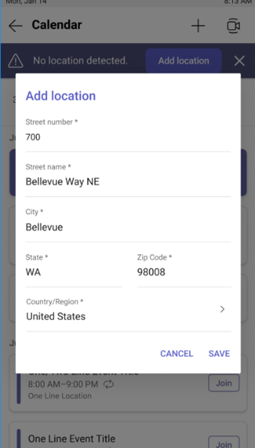 Captura de pantalla de un teléfono de escritorio de Teams con un formulario para rellenar una dirección de trabajo