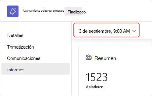 Captura de pantalla que resalta la interfaz de usuario de cómo ver los informes de la asamblea para una fecha diferente