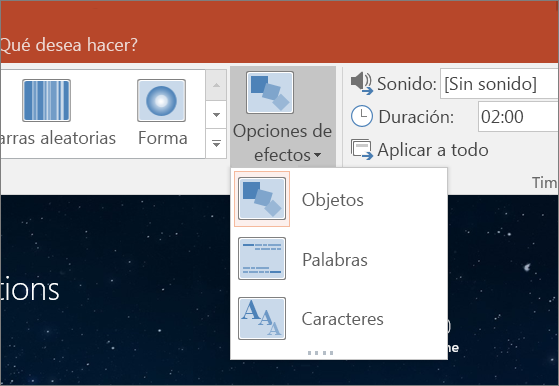 Muestra las opciones de efectos de transición para la transición Transformación en PowerPoint 2016