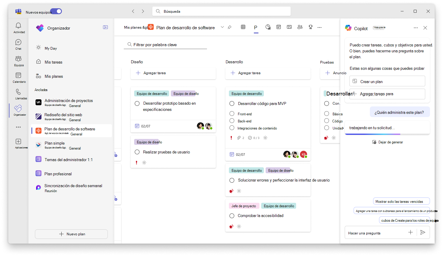 La captura de pantalla muestra la interfaz de usuario para el seguimiento del progreso de Copilot en Planner.