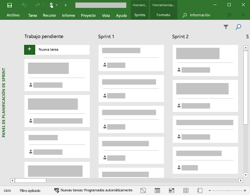 Captura de pantalla de un panel de tareas en Microsoft Project que muestra 3 columnas.