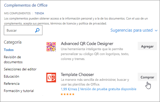 Captura de pantalla de la página de complementos de Office donde puede seleccionar o buscar un complemento para Word.