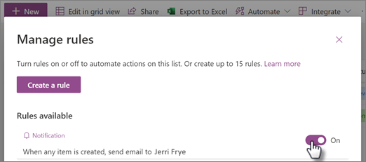 Captura de pantalla de cómo activar o desactivar una regla en la página Administrar reglas.