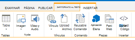 Captura de pantalla de la pestaña Insertar, que contiene botones para insertar tablas, vídeos, gráficos y vínculos a las páginas de su sitio