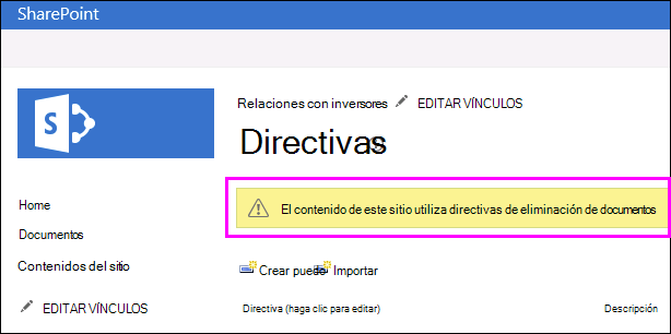 Advertencia de sitio que se usan las directivas de eliminación del documento