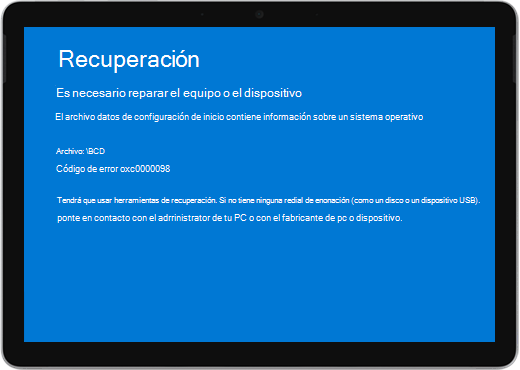 Una pantalla azul con el título "Recuperación" y un mensaje en el que se indica que el dispositivo debe repararse.