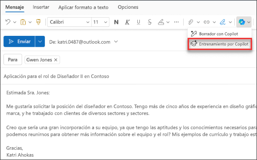 Opción de menú para coaching de Copilot en el nuevo Outlook