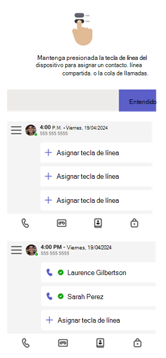 Asigne contactos, líneas compartidas o colas de llamadas presionando una tecla de línea durante mucho tiempo.