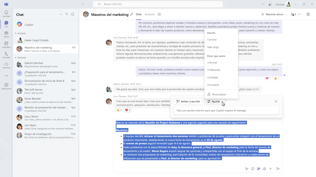 Redactar Copilot en chat de Microsoft Teams.