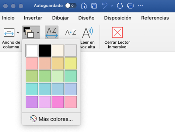 Opciones de color de página mostradas para Lector inmersivo en Word para Mac