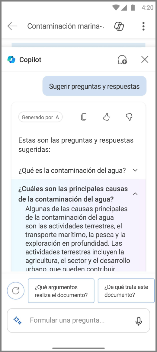 Captura de pantalla de Copilot en Word en un dispositivo Android con la respuesta Preguntas y respuestas sugeridas
