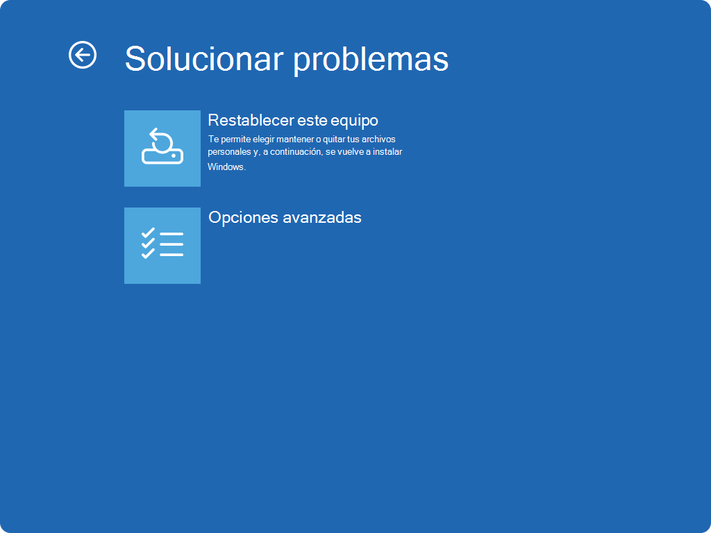 Captura de pantalla de Windows RE: pantalla Solucionar problemas.