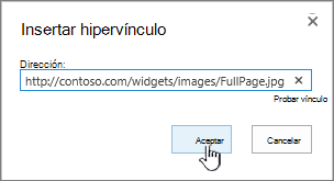 Cuadro de diálogo hipervínculo con dirección web y botón Aceptar resaltado