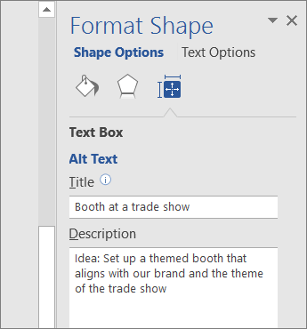 Captura de pantalla del área de texto alternativo del panel Formato de forma que describe la forma seleccionada