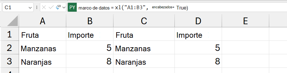 El contenido de DataFrame devuelto como valores de Excel.