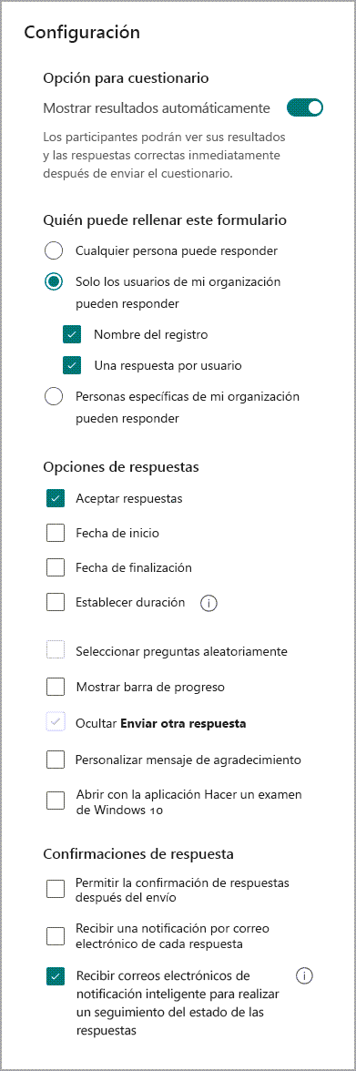 pantalla de configuración para activar y desactivar las notificaciones de formulario