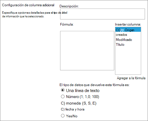 Opciones de columna calculada