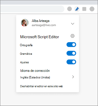 Extensión de Microsoft Editor que muestra la lista desplegable de un explorador con la configuración para activar y desactivar opciones