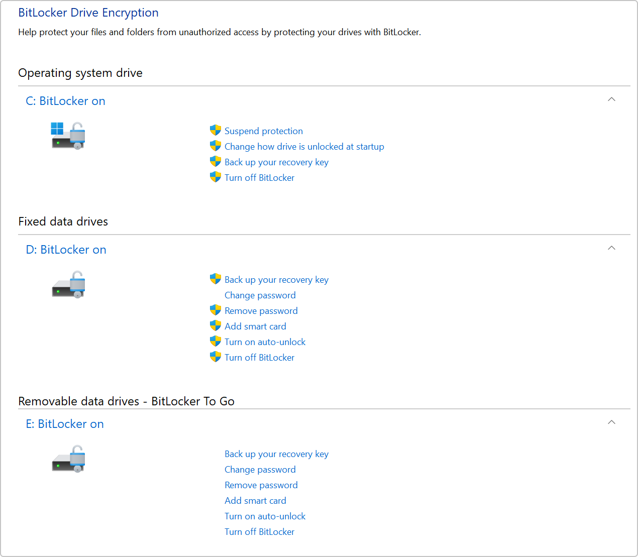 Captura de pantalla del cifrado de unidad BitLocker en el Panel de control.