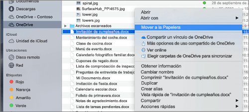 Selección de menú al hacer clic con el botón derecho para eliminar un archivo de OneDrive en Finder para Mac