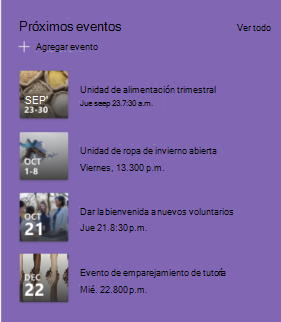 Captura de pantalla del elemento web Eventos