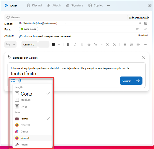 Opciones de longitud y tono para elegir al redactar correos electrónicos en Outlook con Copilot