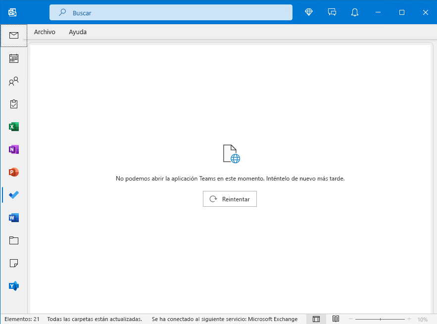 Imagen de la ventana de Outlook con el error "No se puede abrir la aplicación de Teams"