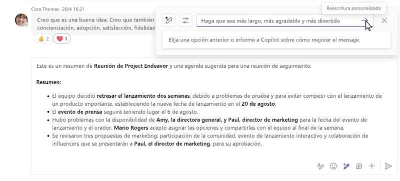 Reescritura personalizada de un mensaje con Copilot en el chat de Microsoft Teams.