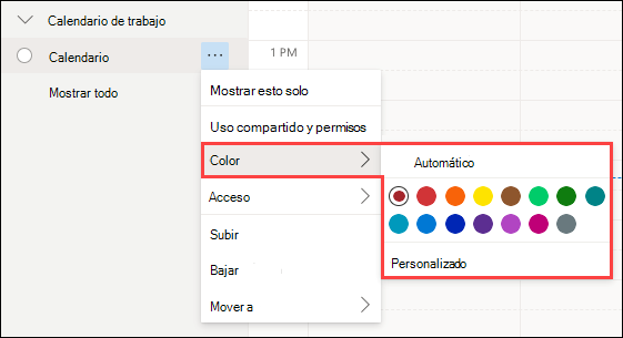 Selección de color del calendario de Outlook Web