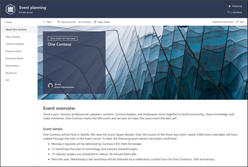 Captura de pantalla de la vista previa de páginas para la plantilla de sitio de planeación de eventos