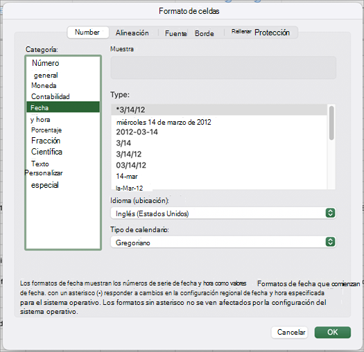 Cuadro de diálogo Formato de fecha