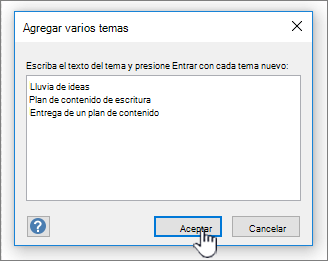 Agregue nombres de temas que quiera agregar, uno por línea.