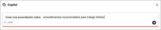 Captura de pantalla de la entrada de mensaje para crear una presentación con Copilot.