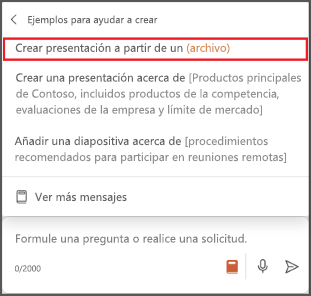 Captura de pantalla del menú de consulta de Copilot en PowerPoint con la opción "Crear una presentación desde archivo" resaltada
