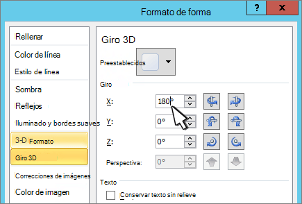 Cuadro de diálogo Formato de forma con giro 3D X seleccionado