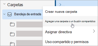 Captura de pantalla que muestra la selección para Agregar carpeta compartida o buzón de correo