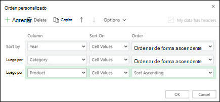 Orden personalizado en Excel para la Web desde Datos > Ordenar y filtrar.