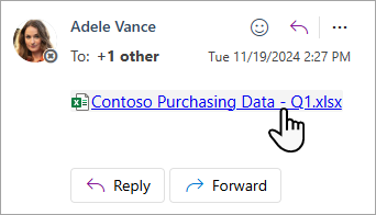Screenshot showing an Excel document link in  the Outlook web app.